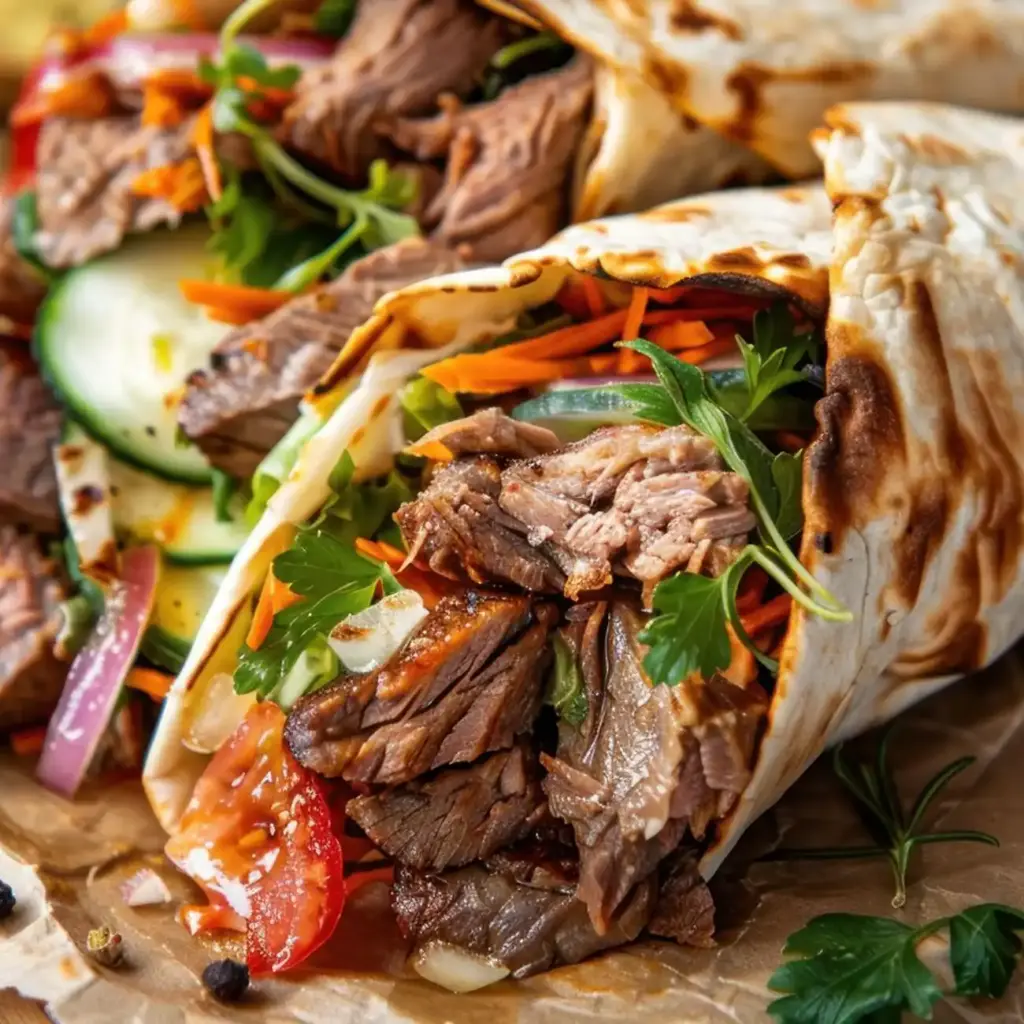 Zbliżenie na wrap z wołowiną i przypieczonym płaskim chlebem, wypełniony plasterkami wołowiny, ogórkiem, pomidorem, cebulą i świeżą pietruszką, który wygląda na smaczny i świeży.