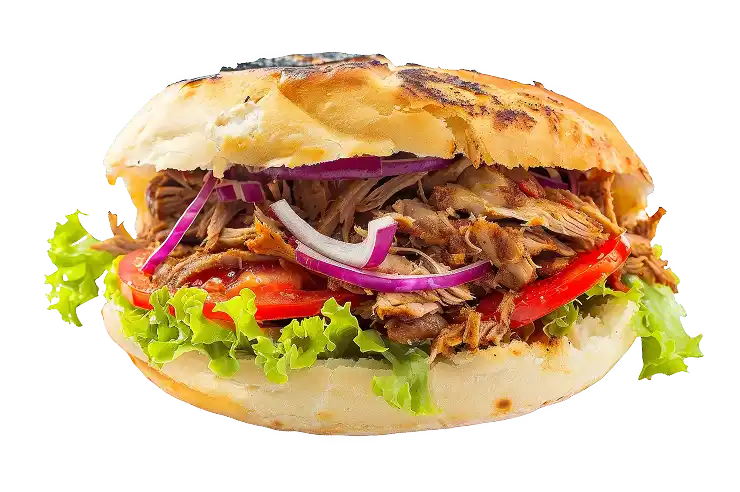 Kanapka kebab w bułce z grillowanym mięsem, sałatą, pomidorami i sosem